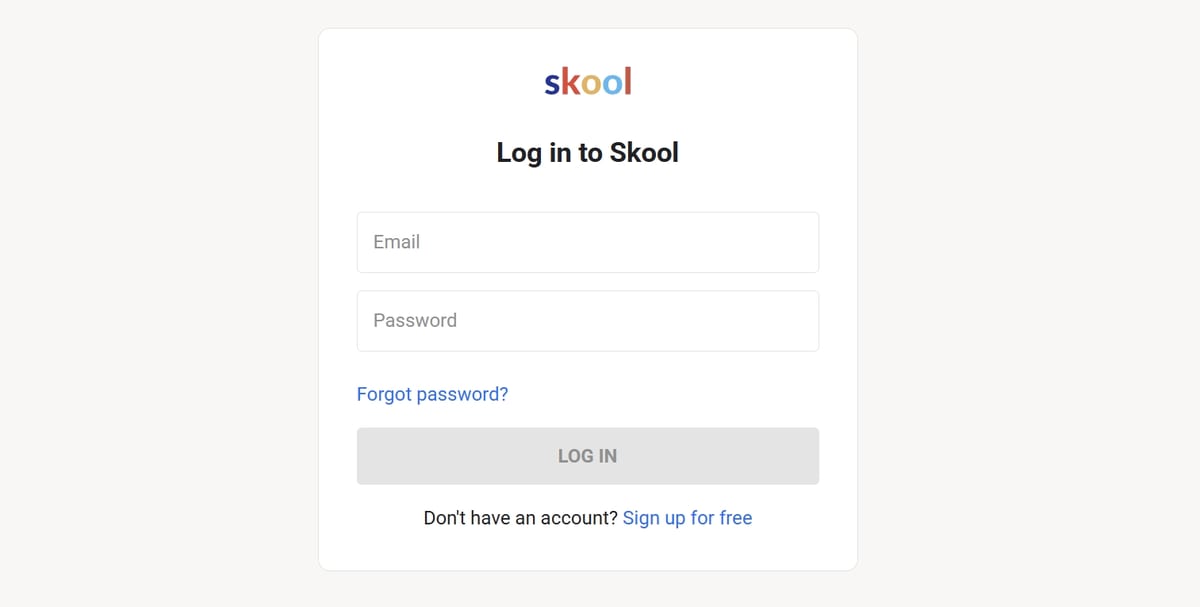 Skool login page: screen to sign in to your Skool account
